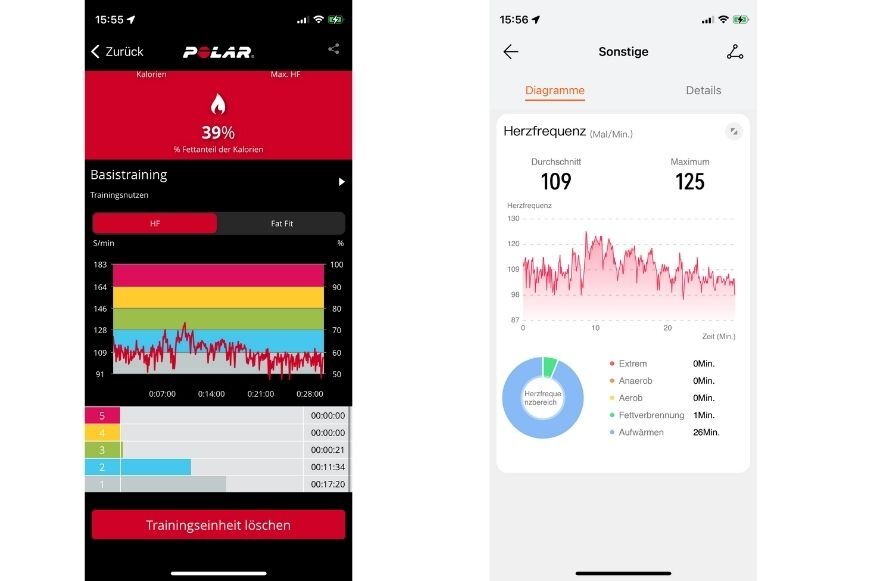 Man sieht die aufgezeichnete Herzfrequenz des Polar 10 Brustgurts und der Huawei Watch GT 3.